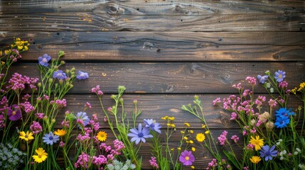 Wall Mural - Beautiful flowers on wooden surface