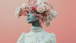 © CYBERPINK - minimal style woman in fashion outfit with rare flowers on her head pastel color palette