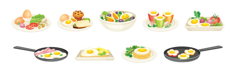 Wall Mural - Tasty Egg Dish Served on Plate with Yolk and Garnish Vector Set