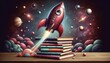 Illustration of a toy rocket perched atop a stack of books, ready for launch