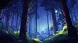 Enchanted forest canopy aglow with serene bioluminescent flora