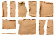 Collection of ripped pieces of corrugated cardboard isolated on transparent background