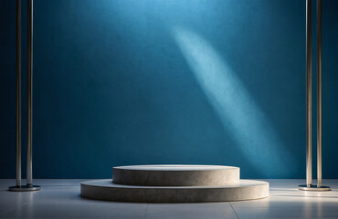 blue podium stage with spotlight, circular white cylinder for mockup