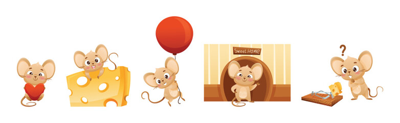 Wall Mural - Cute Mouse Character Engaged in Different Activity Vector Set