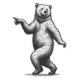 Fototapeta Dinusie - Dancing standing bear pointing with its paw sketch engraving generative ai fictional character raster illustration. Scratch board imitation. Black and white image.