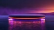 A sleek purple and orange podium in a minimalist design with futuristic glow decoration, perfect for product showcase.
