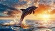 A playful dolphin leaps gracefully out of the water, creating a majestic splash against the backdrop of a vibrant ocean sunset.