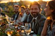 © Larisa AI - A sophisticated group enjoys an outdoor dinner party at dusk, with focus on a smiling man raising a toast