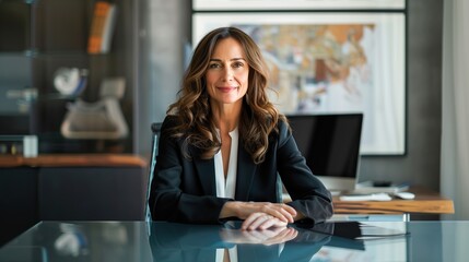 Wall Mural - A woman in her mid-forties, exuding confidence and warmth, sitting behind a sleek desk in a modern office space