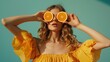 Captured in the essence of summer, a joyful model holding slices of bright orange citrus fruits over her eyes, standing against a sunny solid color background