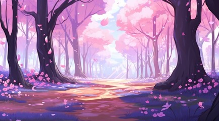 Wall Mural - spring woodland with blooming cherry blossoms and a pink canopy