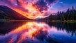 A serene lake reflects the fiery colors of a stunning sunset, interrupted only by the occasional splash of a jumping fish.