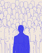 Contemporary art collage. Male blue silhouette walks against crowd of limp outlines of people against neutral background. Concept of business, social issues, communication, connection.