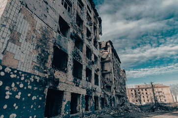 destroyed and burned houses in the city Russia Ukraine war