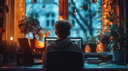 Fototapete - A developer while working hard on his laptop to meet a tight deadline. Generative AI.