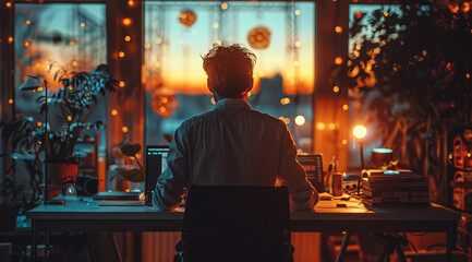 Fototapete - A developer while working hard on his laptop to meet a tight deadline. Generative AI.