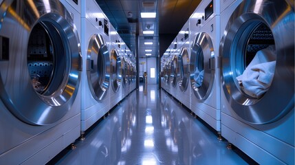 4 wet cleaning machines with clothes inside them, in a modern hi-tech busy dry cleaning business. Generative AI.