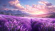 A panoramic view of a lavender field in full bloom. The scene exudes the tranquility and beauty of a lavender garden