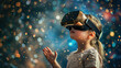 Small girl with virtual reality device in some abstract space, futuristic learning technology concept