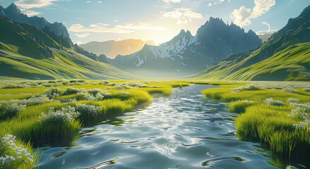 Wall Mural - The River flowing through green grass, surrounded by high mountains. Generative AI.