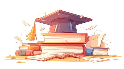 Sticker - 2d illustration depicting a cartoon graduation cap adorned with a diploma and surrounded by a stack of books symbolizing education This mortarboard hat with a tassel embodies the concept of