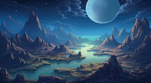 Surreal Lunar Landscape With Craters And Mountains Under Night Sky