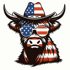 Wall Mural - Highland Cow Wear USA Top Hat, 4th of July patriotic American flag, Cartoon Clipart Vector illustration, Independence day themed Mascot Logo Character Design, presidential election