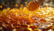 Honey dripping from a wooden stick into a honeycomb. Generative AI