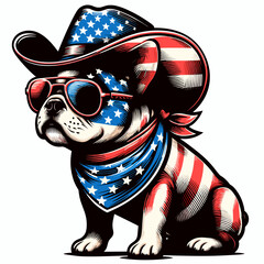 French Bulldog Wear USA Top Hat, 4th of July patriotic American flag, Cartoon Clipart Vector illustration, Independence day themed Mascot Logo Character Design, presidential election