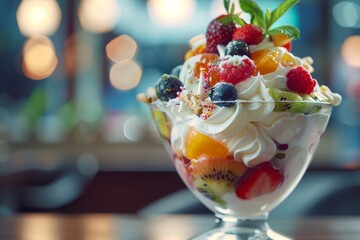 Wall Mural - Close-up of ice cream with colorful fruits in a glass bowl