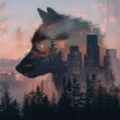 Double exposure of wolf silhouette with forest landscape, jungle sunset, fascinating nature.