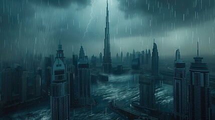 Wall Mural - A storm and rain sweep through the city of Dubai. Generative AI.