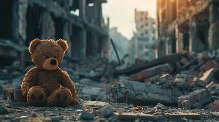 teddy bear sits in the rubble of a bombed city --ar 16:9 job id: 9628d7fc-6602-4de4-8ce4-cea8b54548d