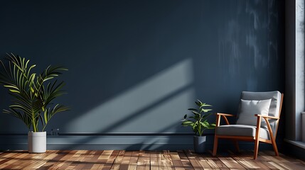 Wall Mural - Stylish Modern wooden living room has an armchair on empty dark blue wall background