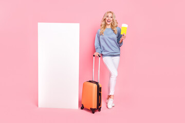 Wall Mural - Full size photo of young cheerful girl trip vacation documents bag isolated over pink color background