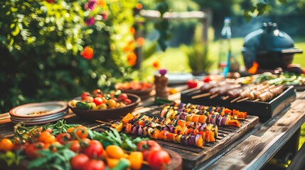 barbecue grilled vegetables waiting to be eaten on a vintage wooden table outdoors