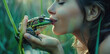A beautiful woman kissing the frog, cute and lovely, with a romantic atmosphere in the style of cinematic natural light