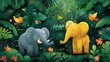 A cartoon illustration of two elephants in a jungle with big leaves and flowers. One elephant is gray and the other is yellow with a pink belly and ears. There are birds and butterflies in the trees.