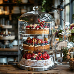 Wall Mural - Cake under glass bell dome in a restaurant kitchen before serving. 