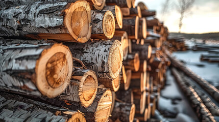 Wall Mural - A stack of beech logs at an open area of a firewood business, The large stack of beech wood is meticulously and methodically arranged, with each row carefully aligned for stability. Generative AI.