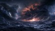 A panoramic view of a thunderous dark sky with black clouds and flashing lightning conveys the intensity of natural weather disasters