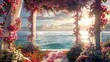 A beautiful wedding arch decorated with pink flowers is located on a beach. The sun is setting over the ocean in the background.