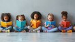 © visoot - A diverse children sitting in an organized row on the floor, each reading books against a plain background. Generative AI.