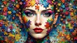Fashionable AI Illustration Weaves Colorful Elements into Trendy Puzzle of Female Faces.