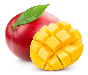 Wall Mural - Isolated mango. Mango fruits and mango leaves isolated on white background with clipping path