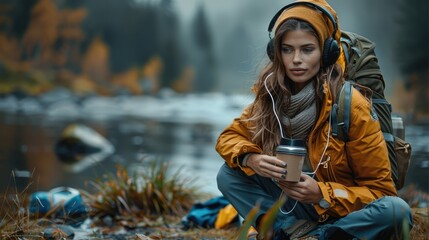 A beautiful woman is camping outdoors, with a headphone on her head, and is making coffee. Generative AI.