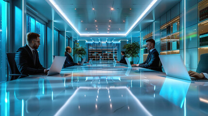 Leinwandbilder - Lawyers in a modern law firm using laptops, computers, phones and artificial intelligence for everything. Generative AI.
