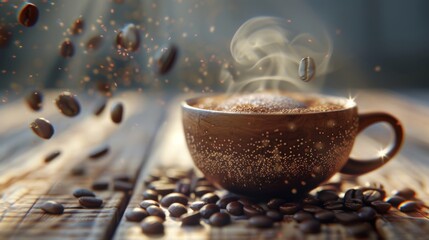 Wall Mural - A 3d recreation of a coffee bean transforming into a steaming cup of joe  AI generated illustration