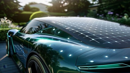 Sticker - The intricate details of solar panels on a green energy car  AI generated illustration