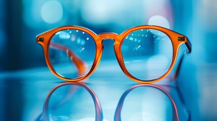 Wall Mural - Closeup of a pair of orange glasses on a blue background